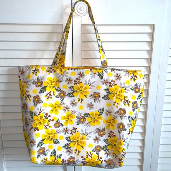 Hand Crafted Handbags - Hand Crafted All Purpose Reusable 100% Cotton Pretty Yellow Floral Tote Bag
